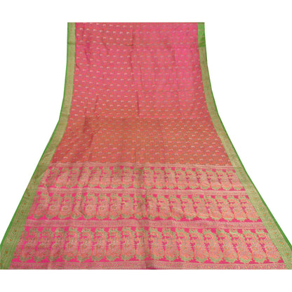 Sanskriti Vintage Pink Heavy Sarees Pure Satin Silk Woven Brocade Sari Sustainable Fabric