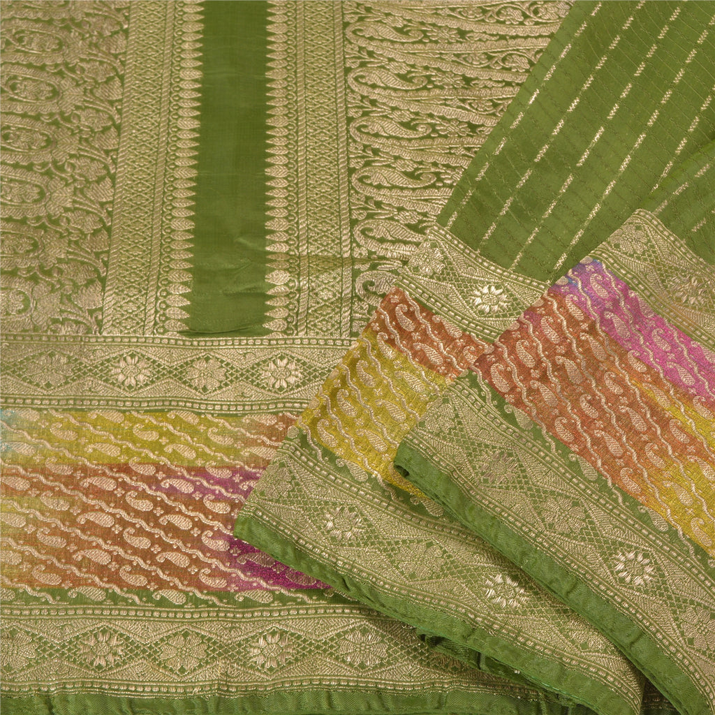 Sanskriti Vintage Green Heavy Sarees Pure Satin Silk Woven Brocade Sari Sustainable Fabric
