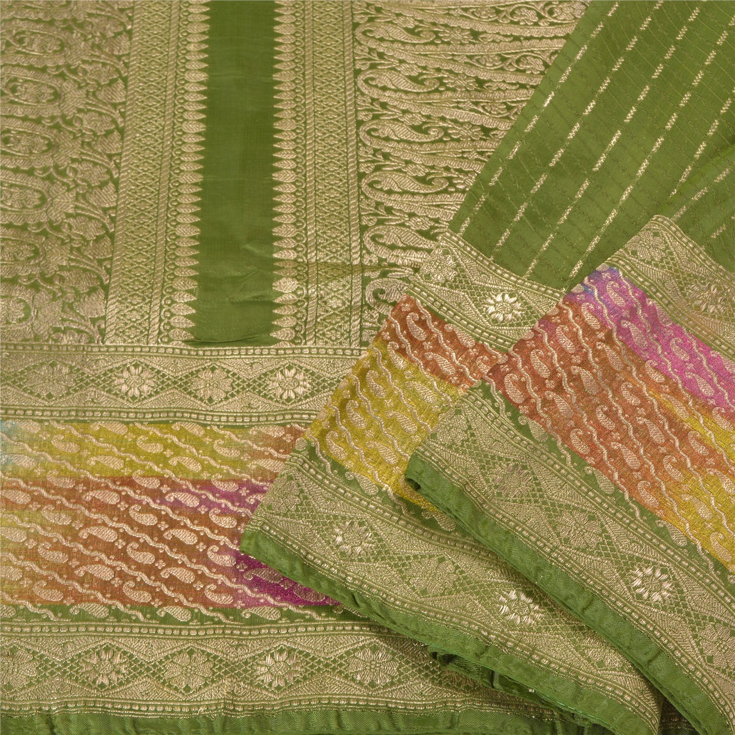 Sanskriti Vintage Green Heavy Sarees Pure Satin Silk Woven Brocade Sari Sustainable Fabric