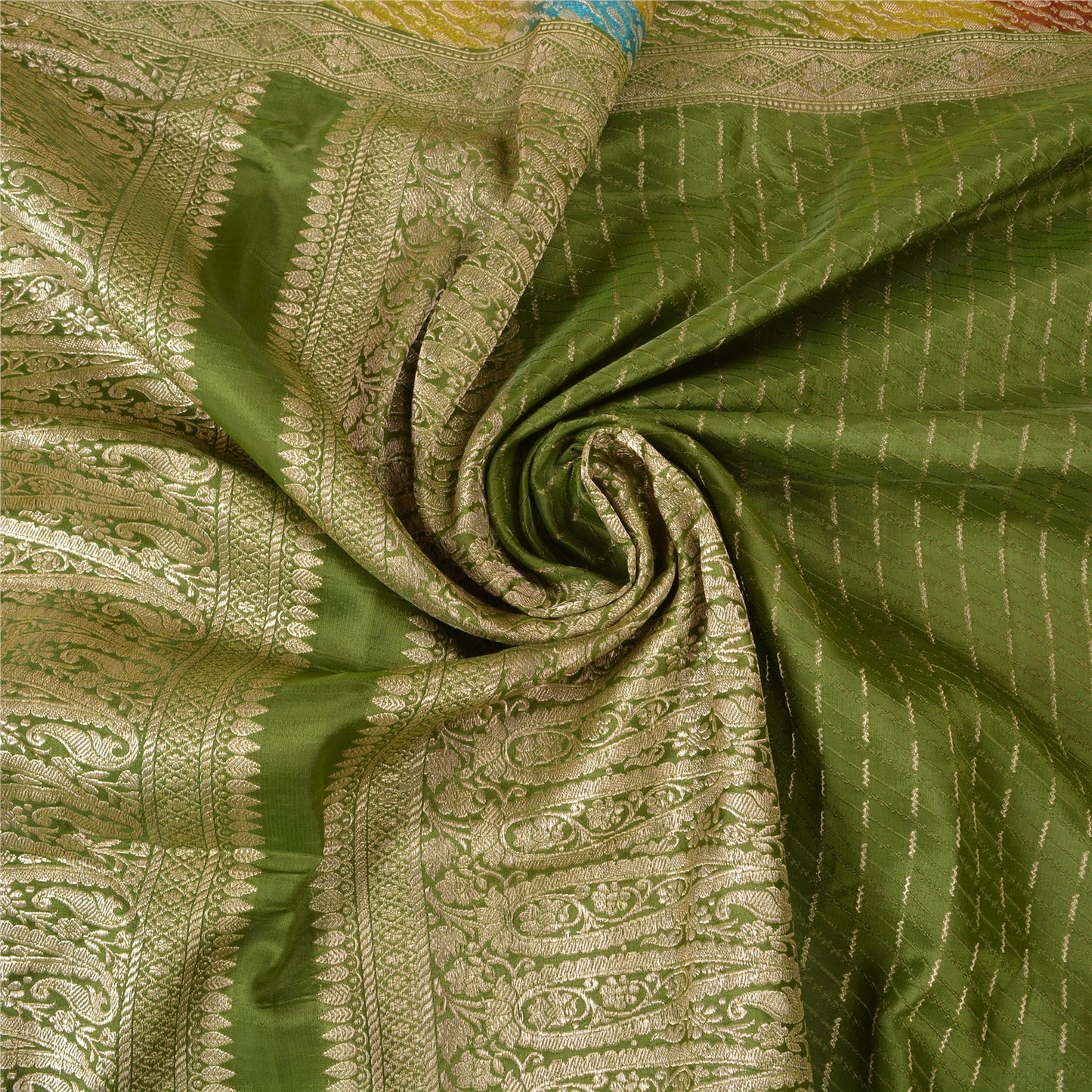 Sanskriti Vintage Green Heavy Sarees Pure Satin Silk Woven Brocade Sari Sustainable Fabric