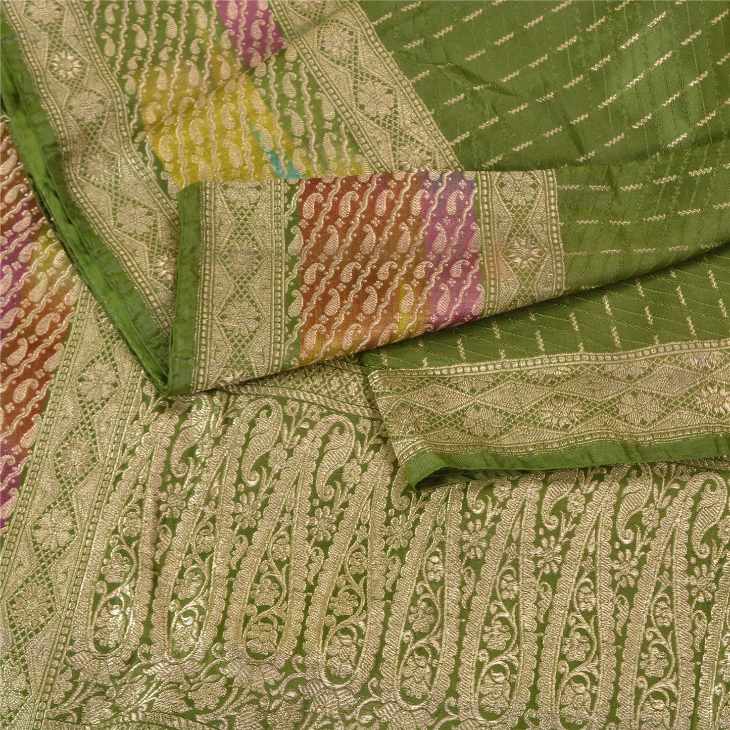 Sanskriti Vintage Green Heavy Sarees Pure Satin Silk Woven Brocade Sari Sustainable Fabric