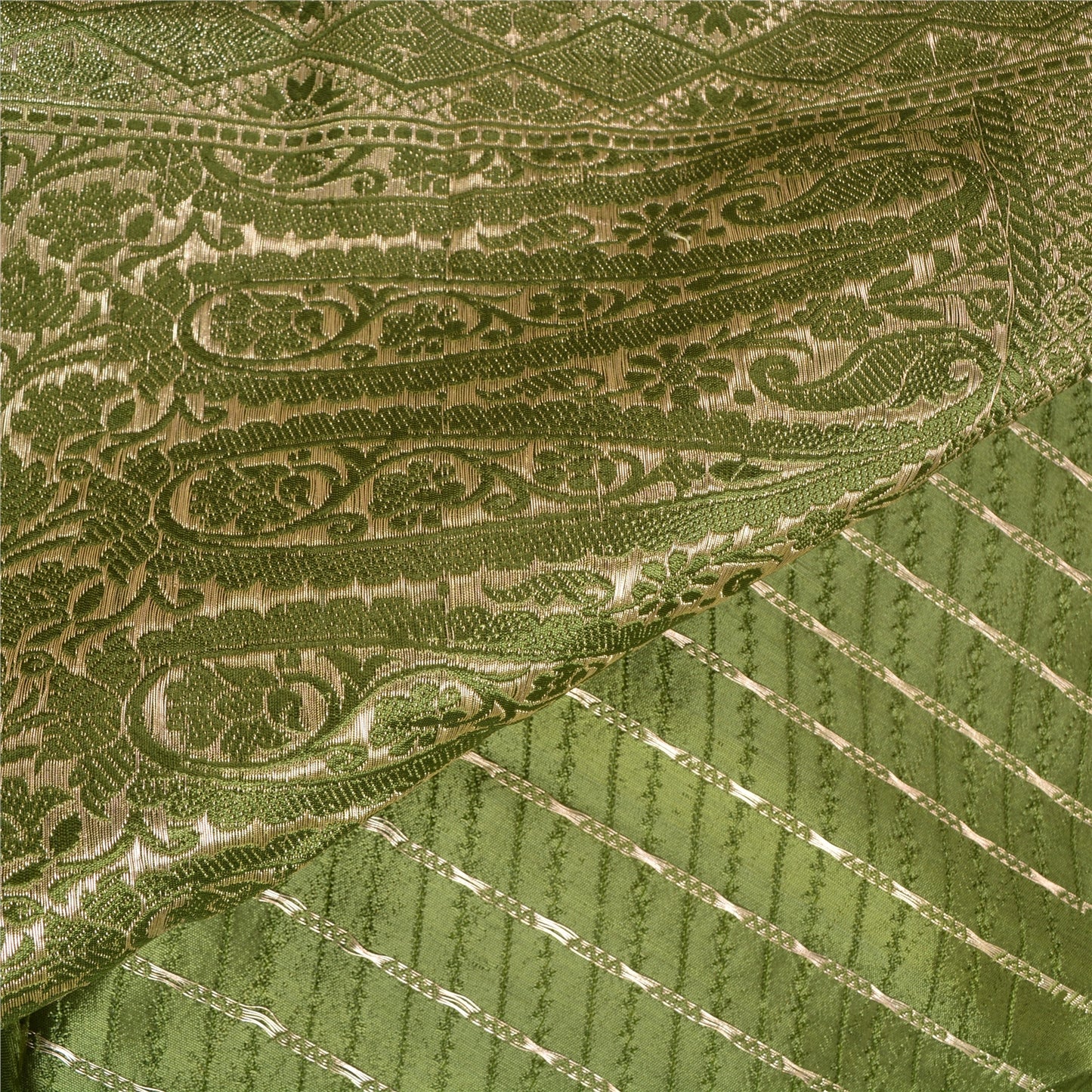 Sanskriti Vintage Green Heavy Sarees Pure Satin Silk Woven Brocade Sari Sustainable Fabric