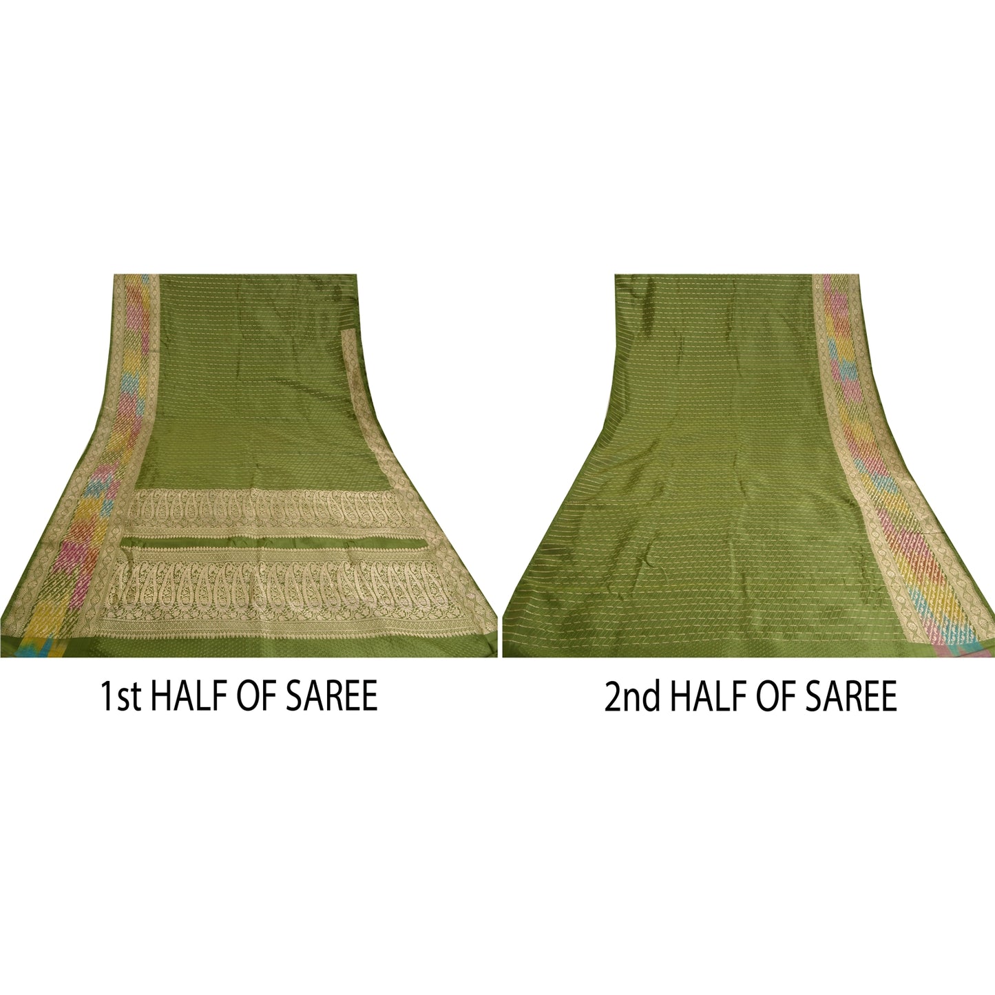 Sanskriti Vintage Green Heavy Sarees Pure Satin Silk Woven Brocade Sari Sustainable Fabric