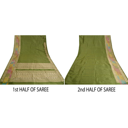 Sanskriti Vintage Green Heavy Sarees Pure Satin Silk Woven Brocade Sari Sustainable Fabric