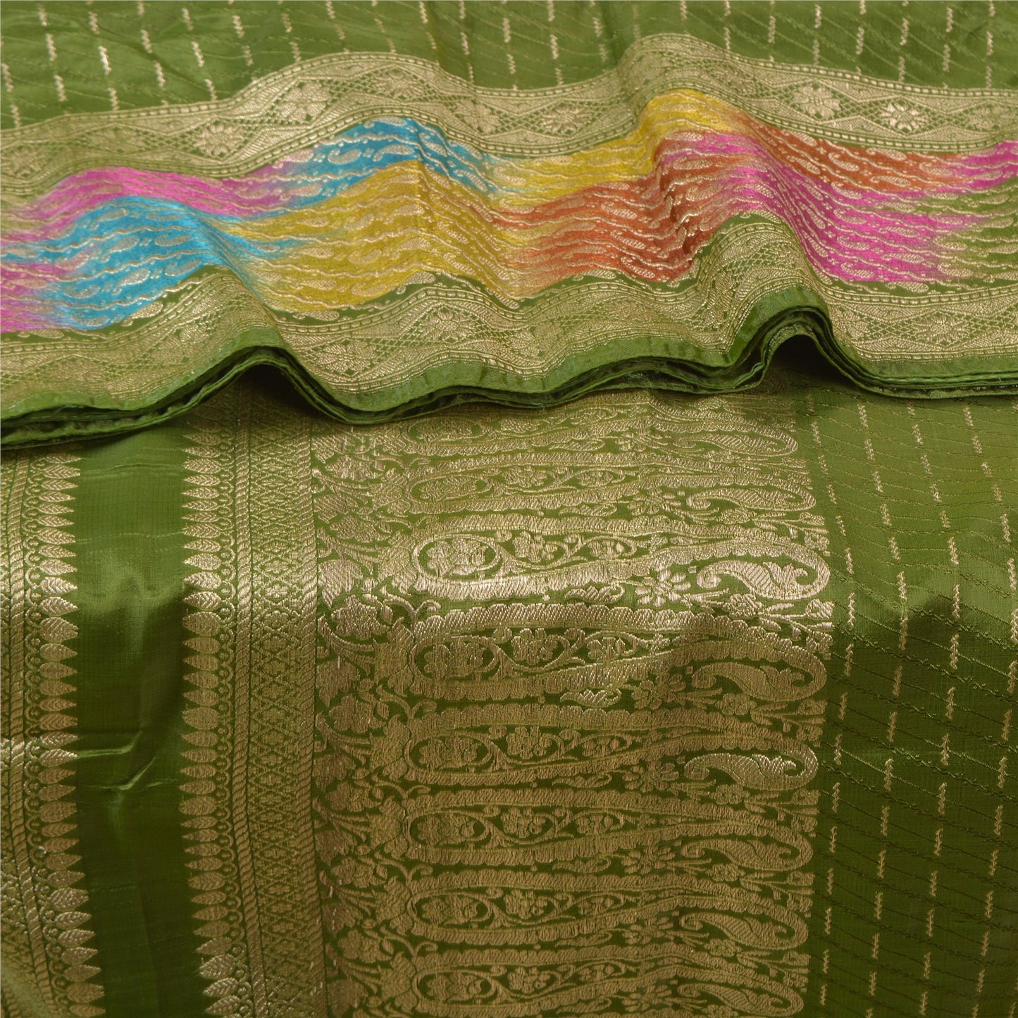 Sanskriti Vintage Green Heavy Sarees Pure Satin Silk Woven Brocade Sari Sustainable Fabric