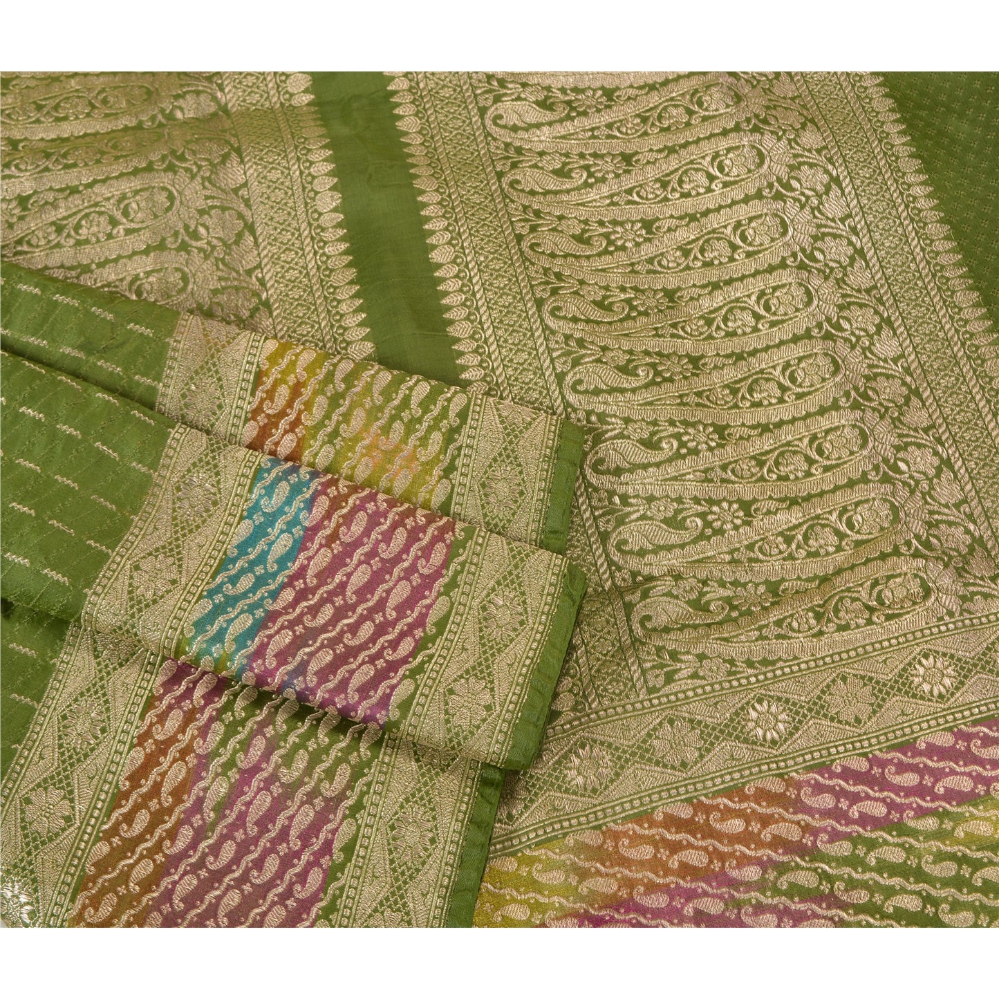 Sanskriti Vintage Green Heavy Sarees Pure Satin Silk Woven Brocade Sari Sustainable Fabric