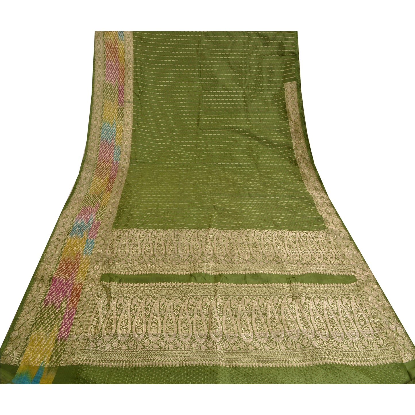 Sanskriti Vintage Green Heavy Sarees Pure Satin Silk Woven Brocade Sari Sustainable Fabric