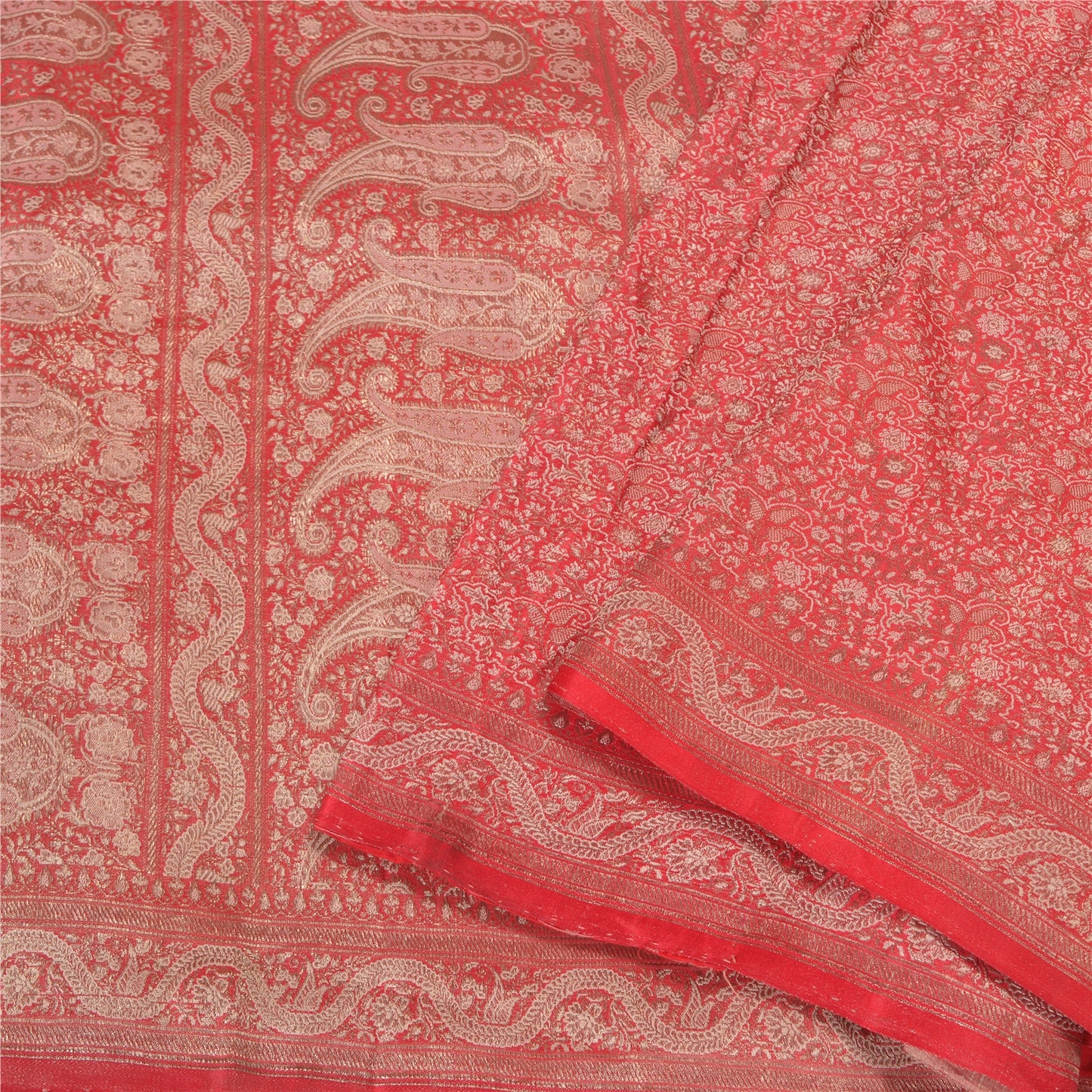 Sanskriti Vintage Red Heavy Sarees Pure Satin Silk Woven Brocade Sari Sustainable Fabric