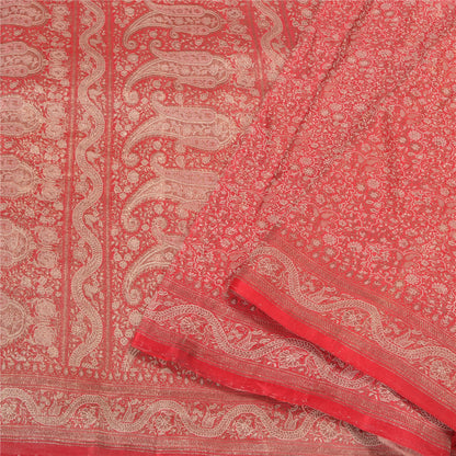Sanskriti Vintage Red Heavy Sarees Pure Satin Silk Woven Brocade Sari Sustainable Fabric