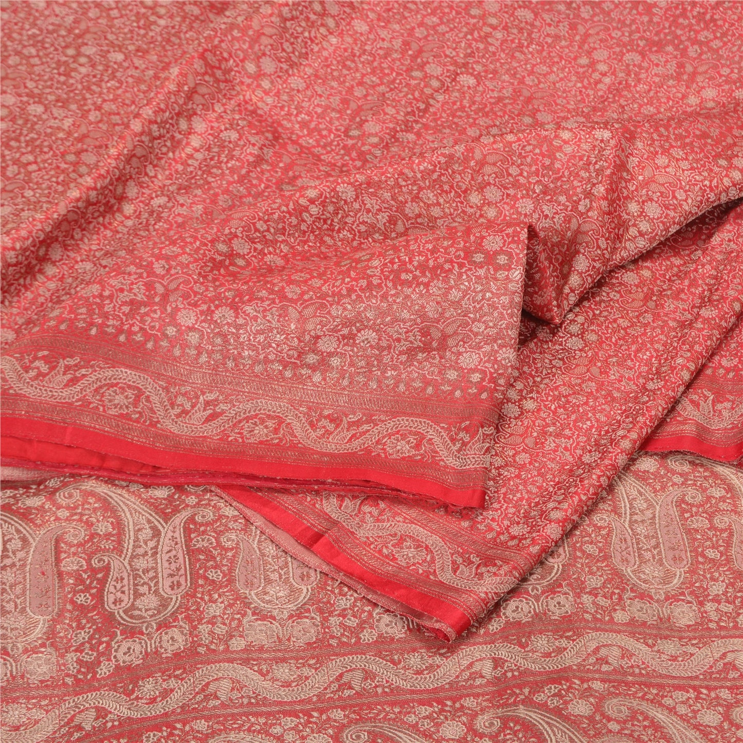 Sanskriti Vintage Red Heavy Sarees Pure Satin Silk Woven Brocade Sari Sustainable Fabric