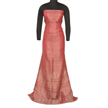 Sanskriti Vintage Red Heavy Sarees Pure Satin Silk Woven Brocade Sari Sustainable Fabric