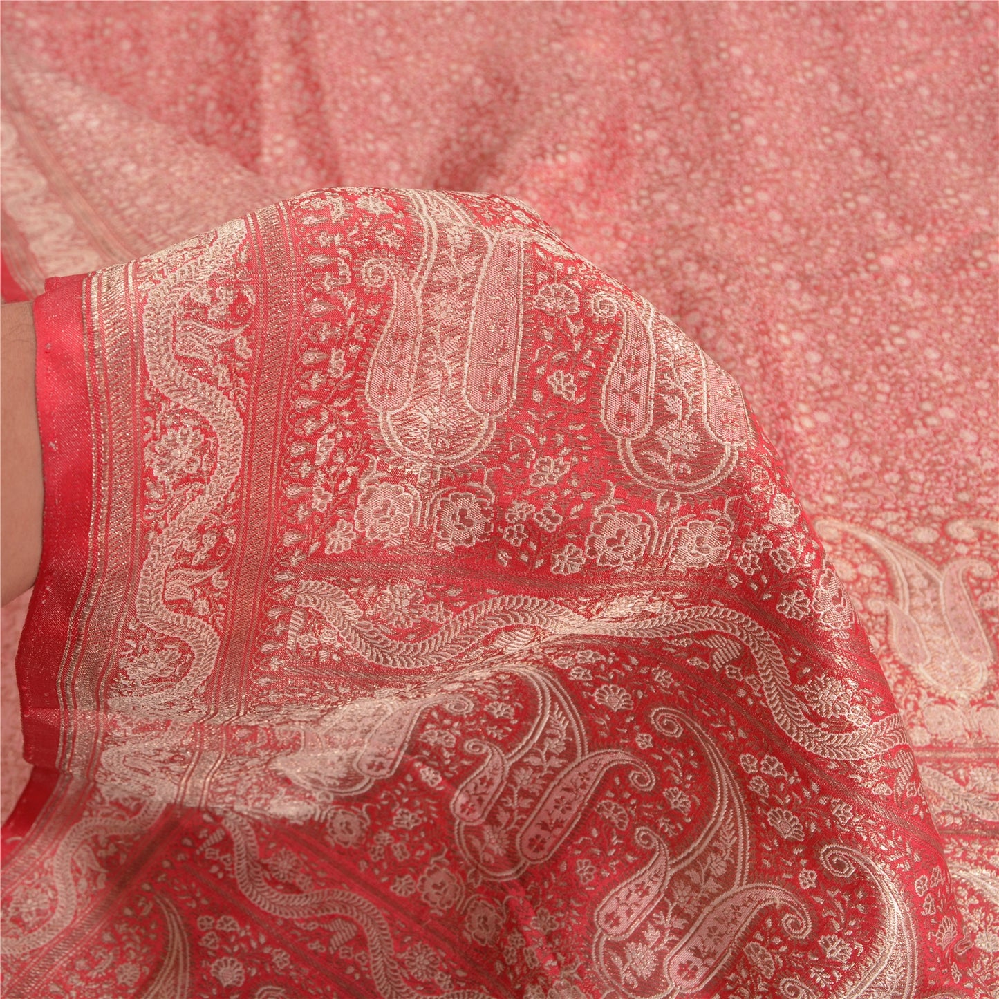 Sanskriti Vintage Red Heavy Sarees Pure Satin Silk Woven Brocade Sari Sustainable Fabric