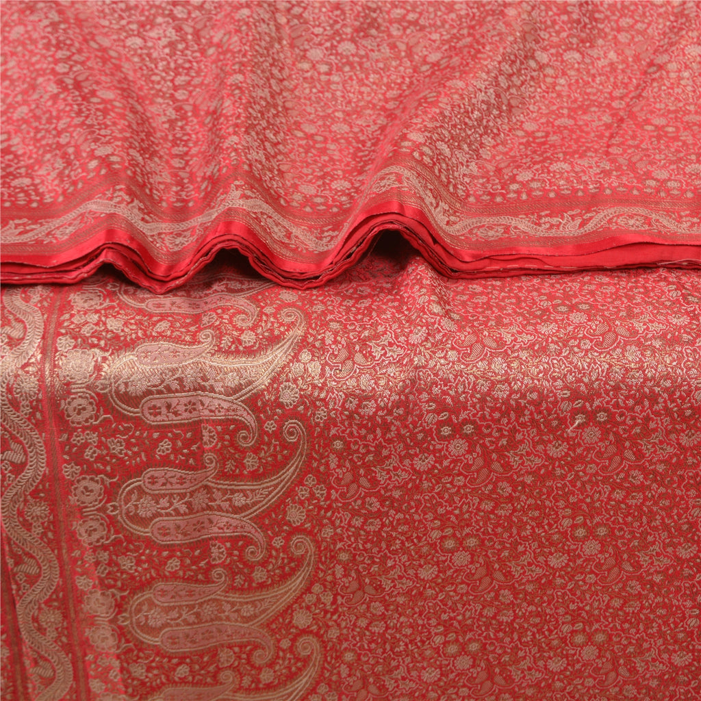 Sanskriti Vintage Red Heavy Sarees Pure Satin Silk Woven Brocade Sari Sustainable Fabric