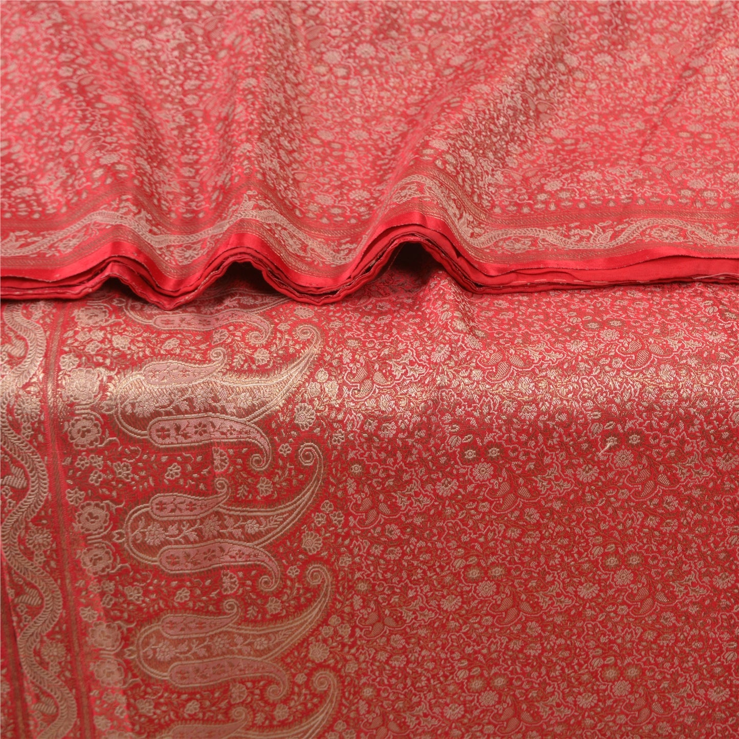 Sanskriti Vintage Red Heavy Sarees Pure Satin Silk Woven Brocade Sari Sustainable Fabric