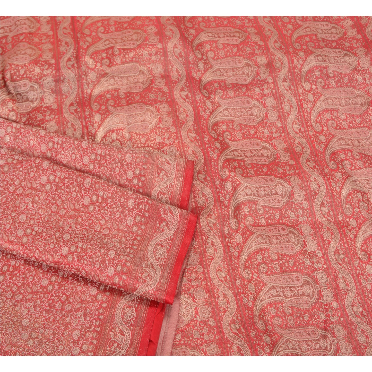 Sanskriti Vintage Red Heavy Sarees Pure Satin Silk Woven Brocade Sari Sustainable Fabric