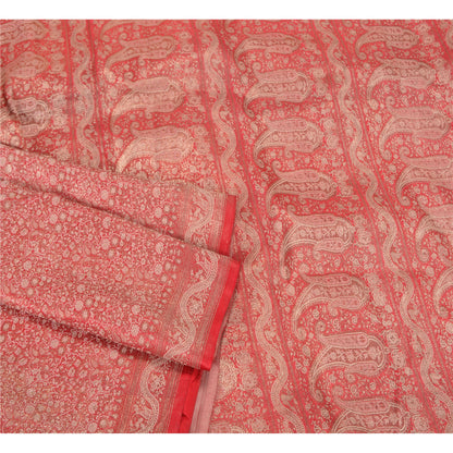 Sanskriti Vintage Red Heavy Sarees Pure Satin Silk Woven Brocade Sari Sustainable Fabric