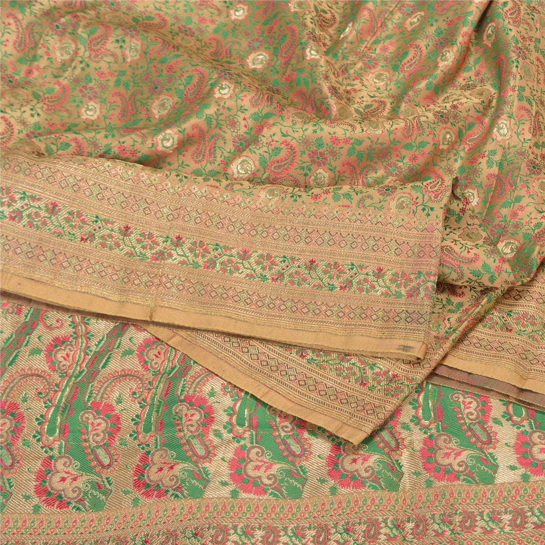 Sanskriti Vintage Golden Sarees Pure Satin Woven Brocade/Banarasi Sari Fabric