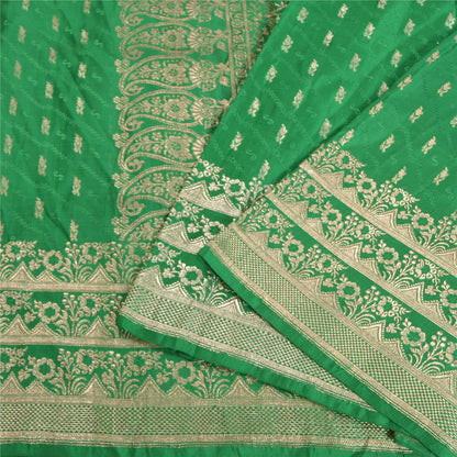 Sanskriti Vintage Green Heavy Sarees Pure Satin Silk Woven Brocade Sari Sustainable Fabric