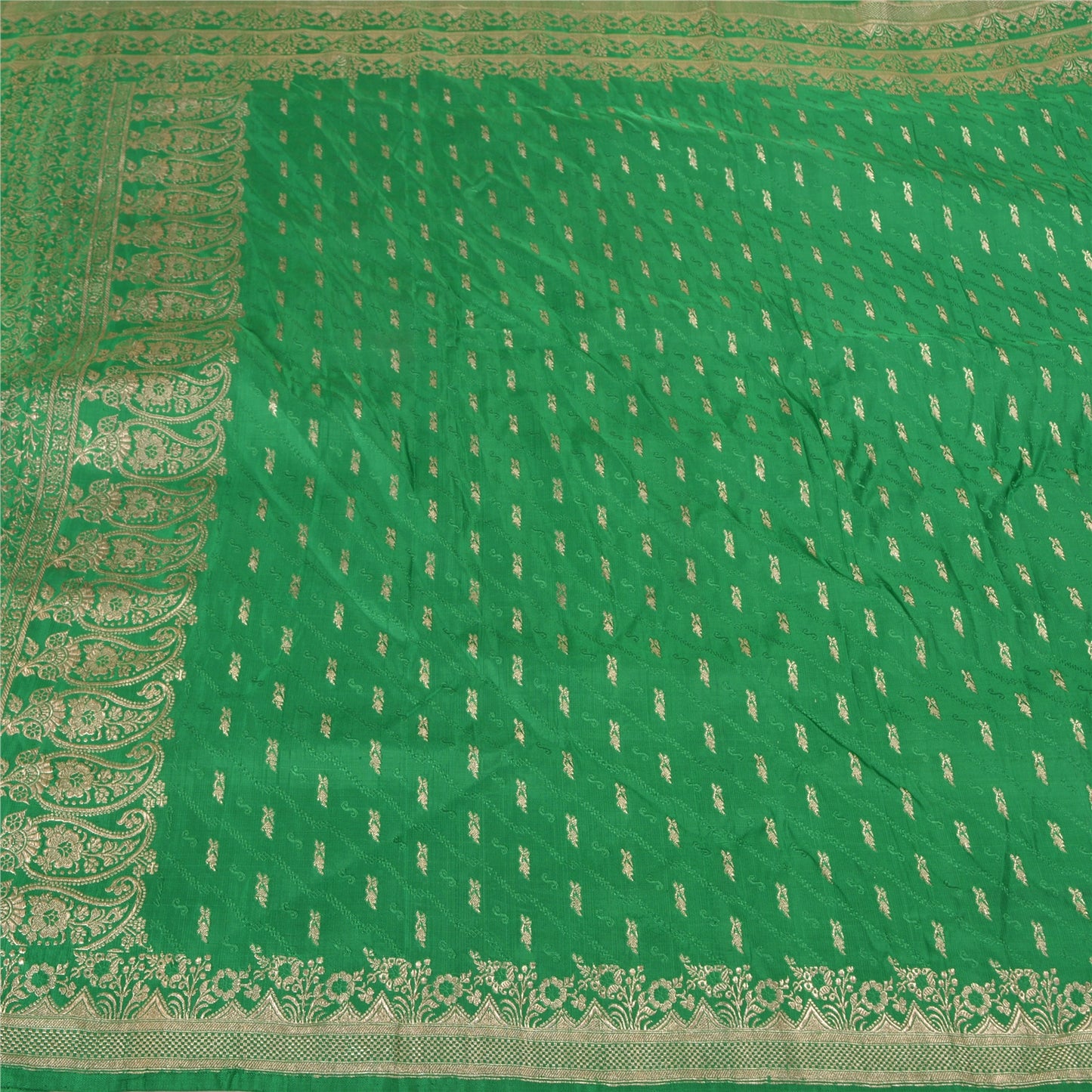 Sanskriti Vintage Green Heavy Sarees Pure Satin Silk Woven Brocade Sari Sustainable Fabric