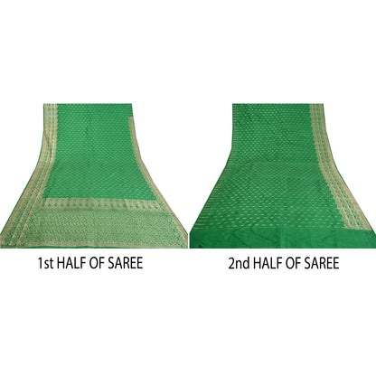 Sanskriti Vintage Green Heavy Sarees Pure Satin Silk Woven Brocade Sari Sustainable Fabric