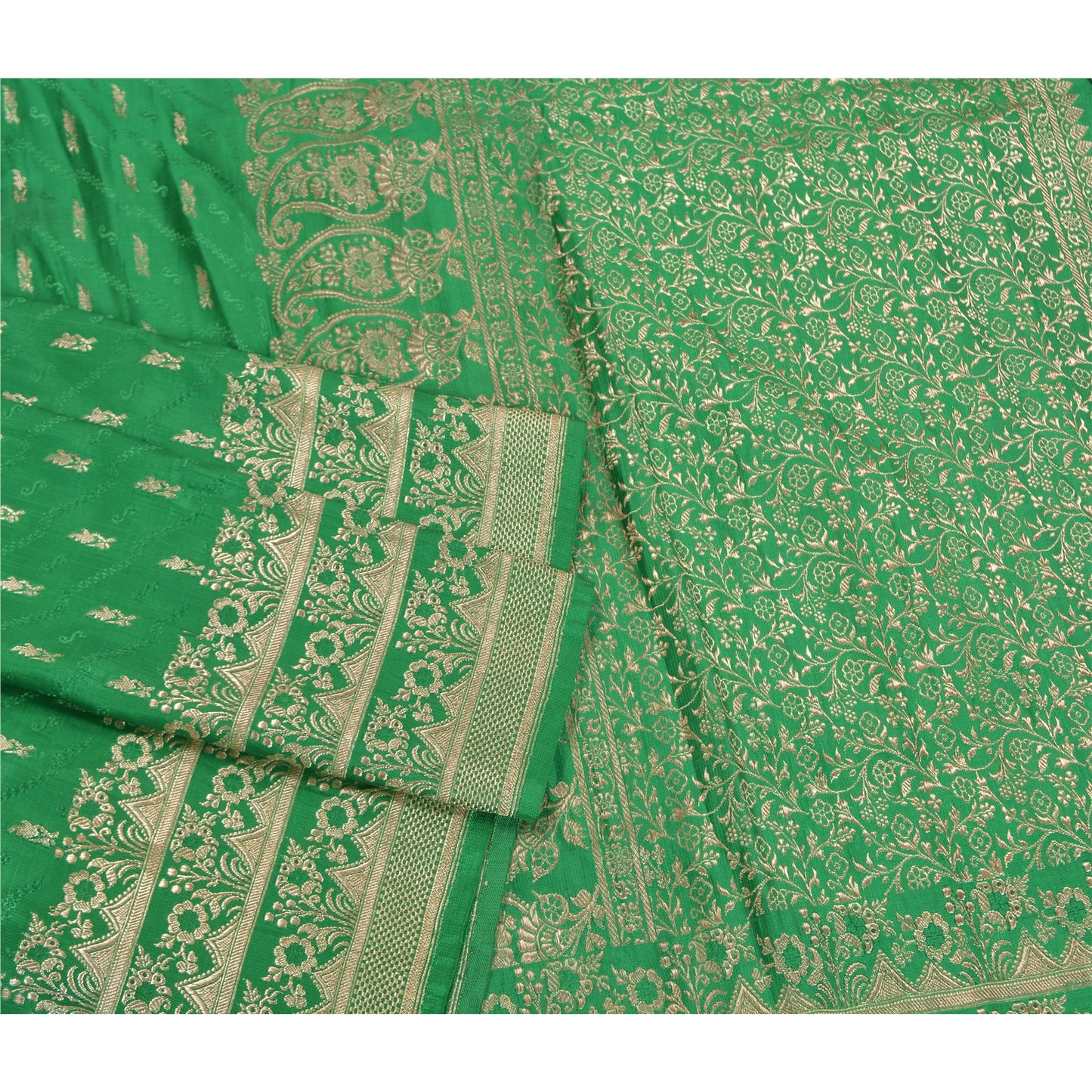 Sanskriti Vintage Green Heavy Sarees Pure Satin Silk Woven Brocade Sari Sustainable Fabric
