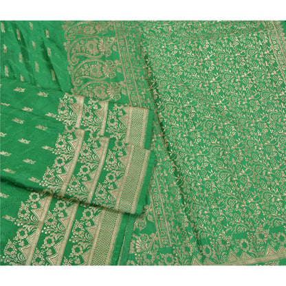 Sanskriti Vintage Green Heavy Sarees Pure Satin Silk Woven Brocade Sari Sustainable Fabric