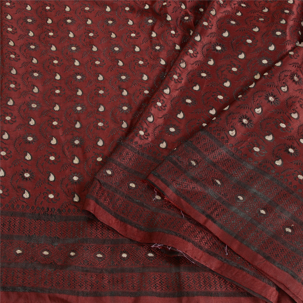 Sanskriti Vintage Dark Red Sarees Pure Satin Woven Brocade/Banarasi Sari Sustainable Fabric