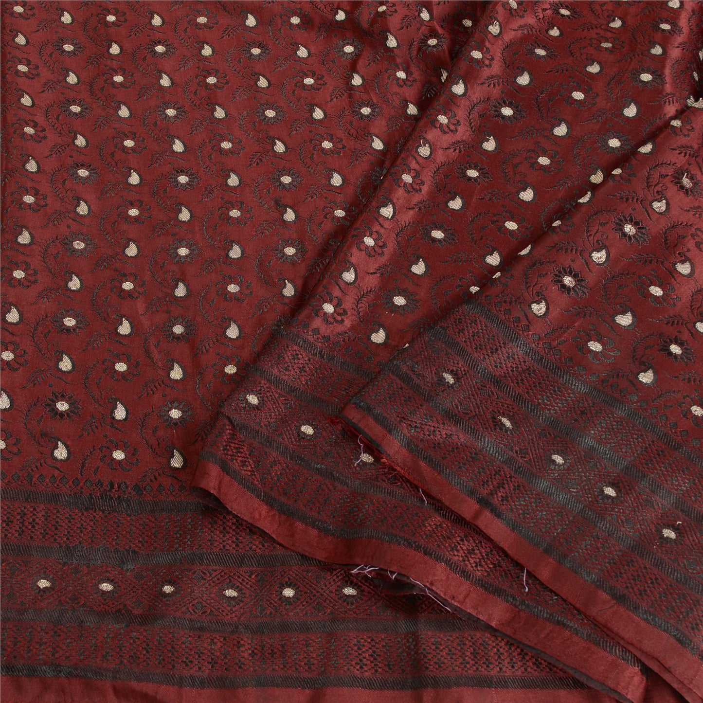 Sanskriti Vintage Dark Red Sarees Pure Satin Woven Brocade/Banarasi Sari Sustainable Fabric