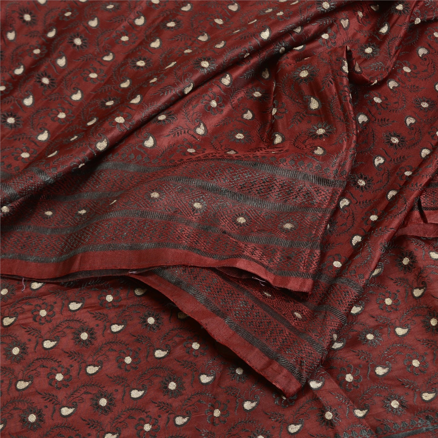 Sanskriti Vintage Dark Red Sarees Pure Satin Woven Brocade/Banarasi Sari Sustainable Fabric