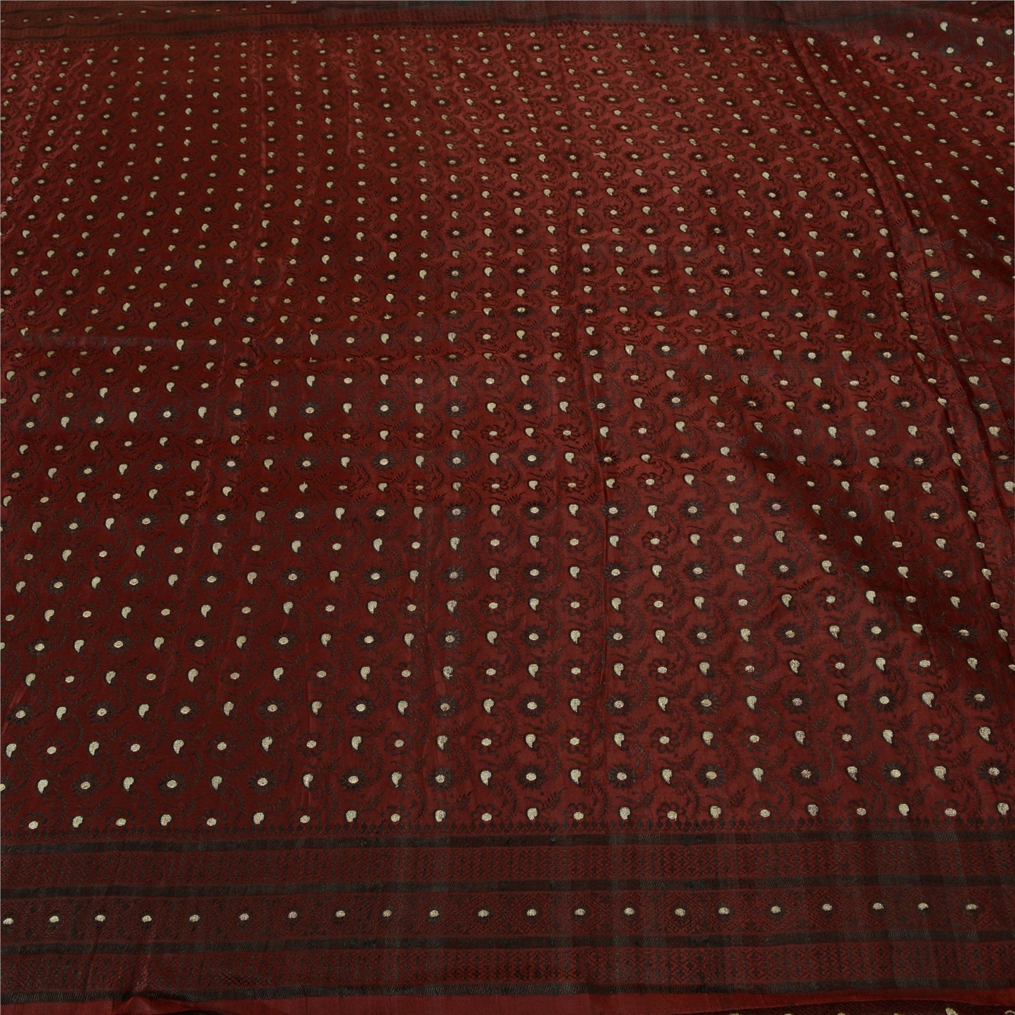 Sanskriti Vintage Dark Red Sarees Pure Satin Woven Brocade/Banarasi Sari Sustainable Fabric