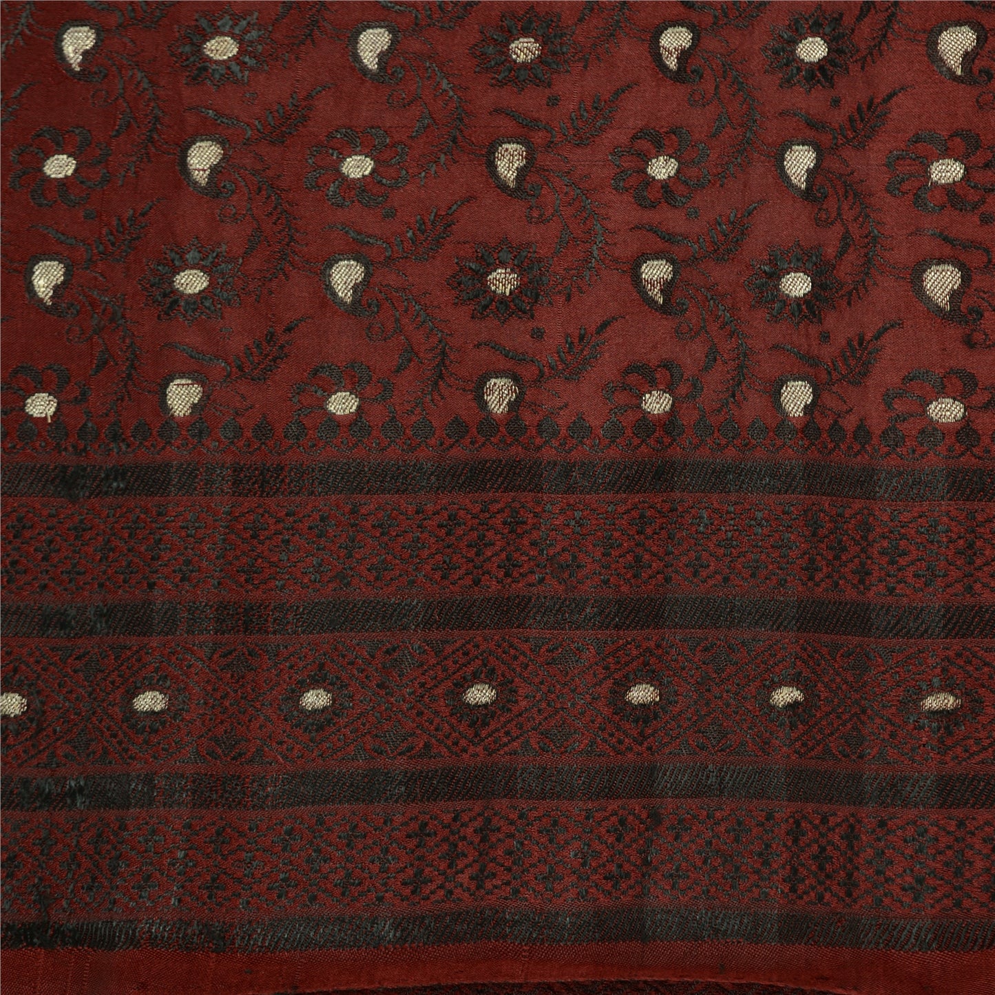 Sanskriti Vintage Dark Red Sarees Pure Satin Woven Brocade/Banarasi Sari Sustainable Fabric