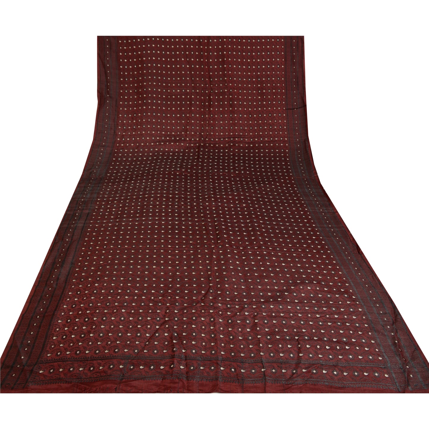 Sanskriti Vintage Dark Red Sarees Pure Satin Woven Brocade/Banarasi Sari Sustainable Fabric