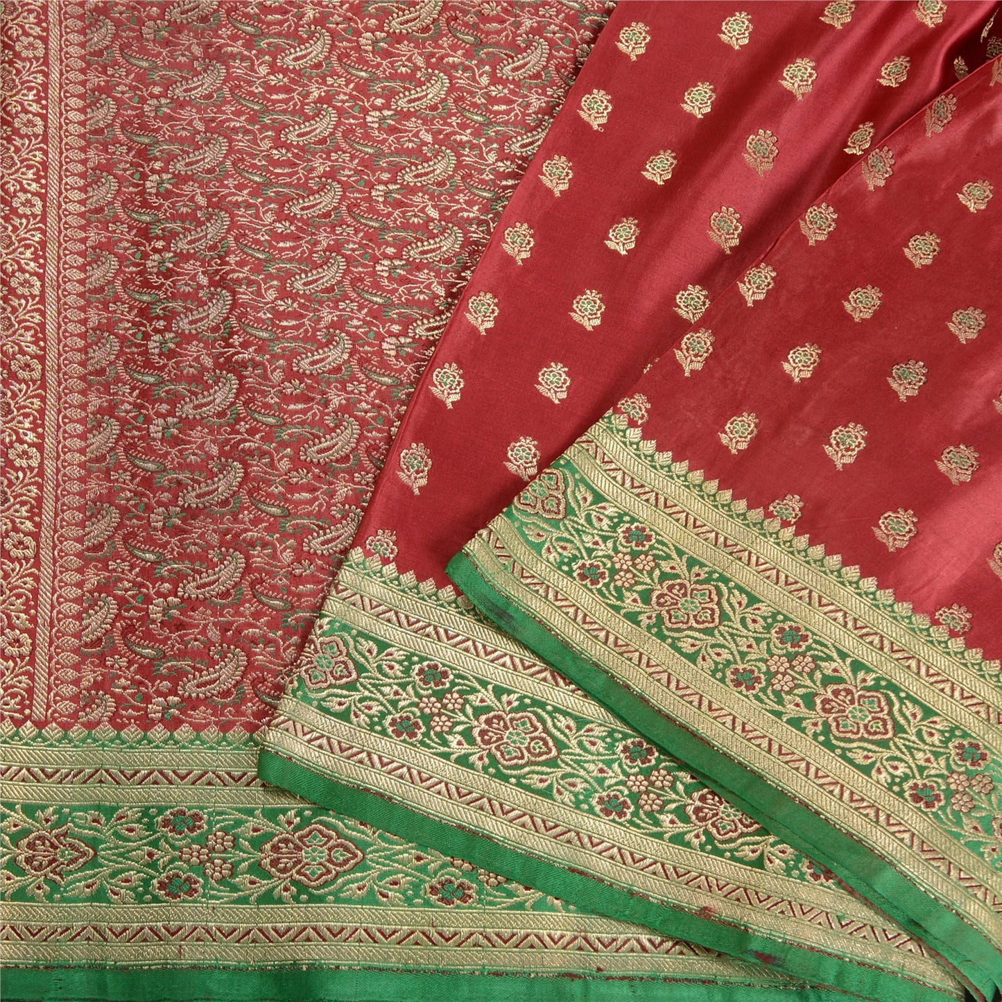 Sanskriti Vintage Red/Green Sarees Pure Satin Woven Brocade/Banarasi Sari Sustainable Fabric