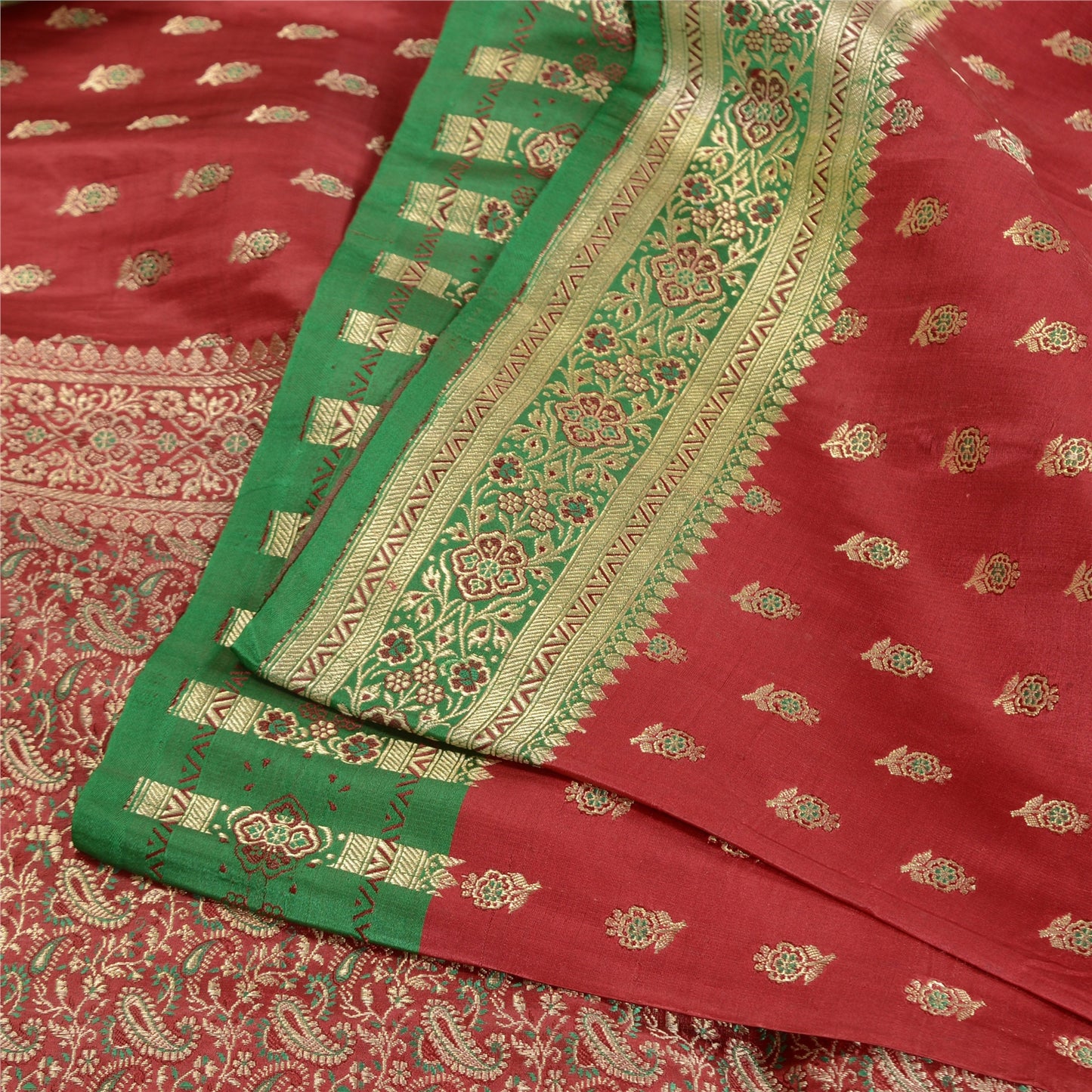 Sanskriti Vintage Red/Green Sarees Pure Satin Woven Brocade/Banarasi Sari Sustainable Fabric
