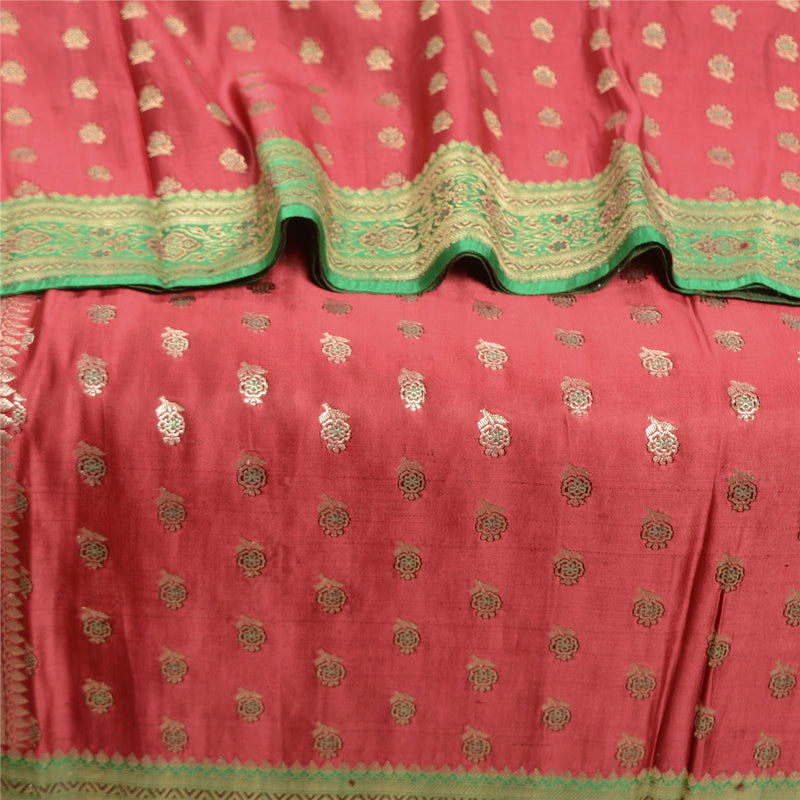 Sanskriti Vintage Sari 100% Pure Satin Silk Brocade Dress Fabric Red & Green Sarees Woven Banarasi Saree 5yd Craft Indian Heritage Textile