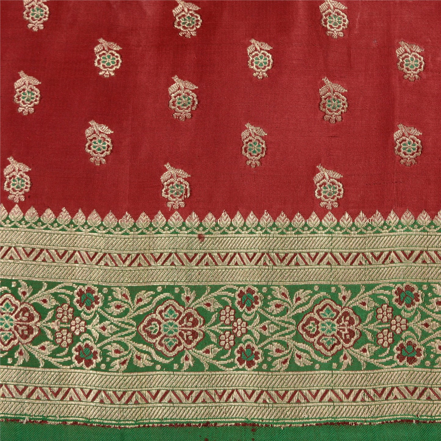 Sanskriti Vintage Red/Green Sarees Pure Satin Woven Brocade/Banarasi Sari Sustainable Fabric