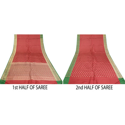 Sanskriti Vintage Red/Green Sarees Pure Satin Woven Brocade/Banarasi Sari Sustainable Fabric