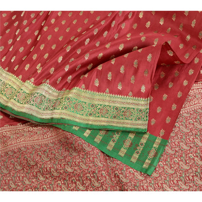 Sanskriti Vintage Red/Green Sarees Pure Satin Woven Brocade/Banarasi Sari Sustainable Fabric
