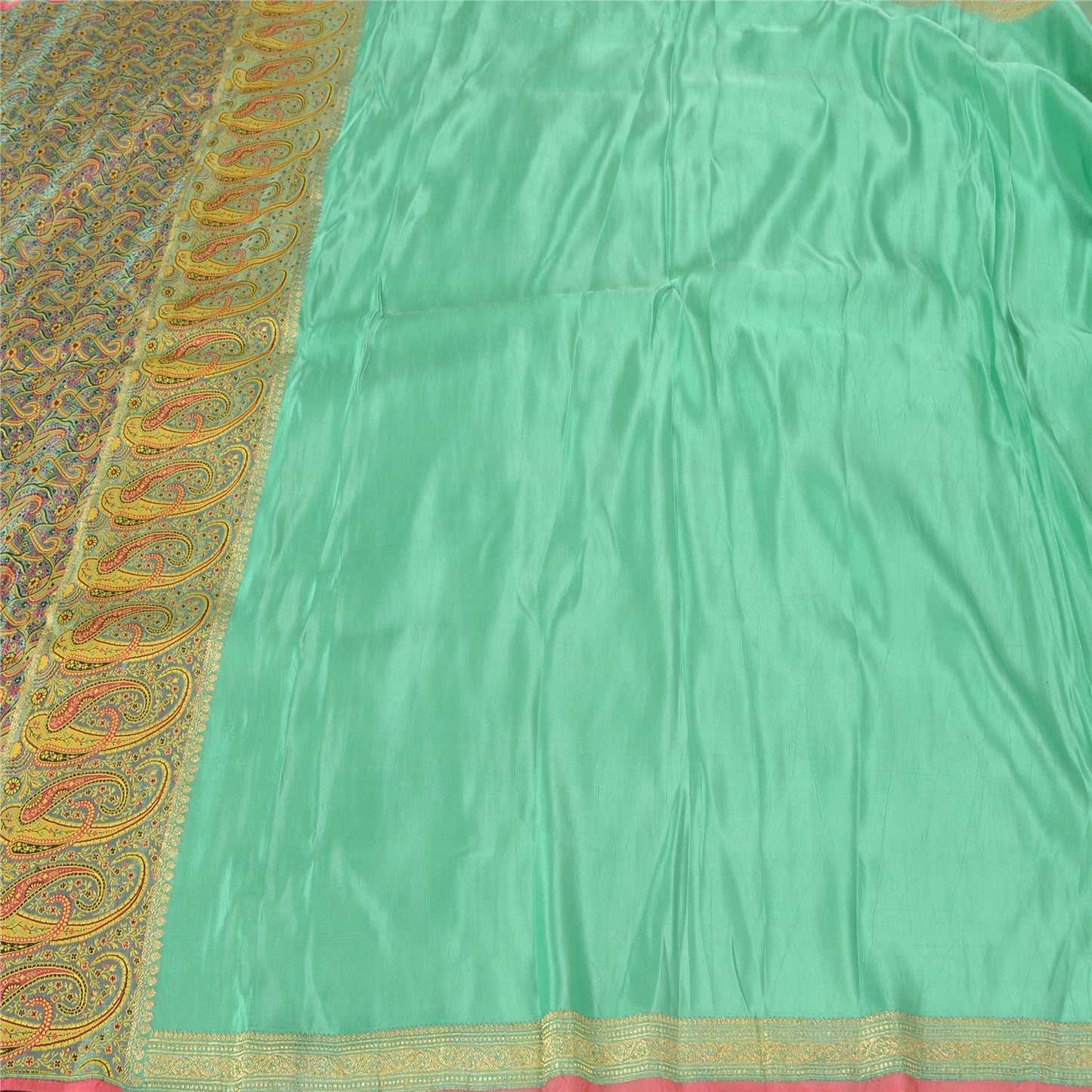 Sanskriti Vintage Grøn Saree Ren satinvævet Banarasi Tanchoi Sari/bæredygtigt stof