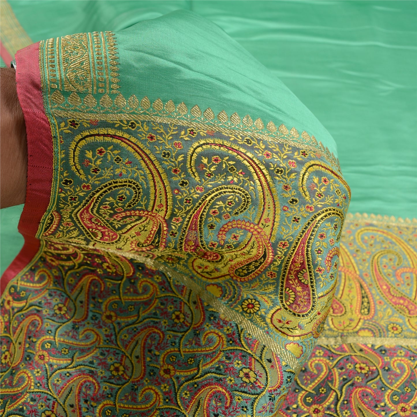 Sanskriti Vintage Grøn Saree Ren satinvævet Banarasi Tanchoi Sari/bæredygtigt stof