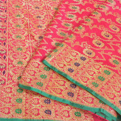 Sanskriti Vintage Hot Pink Sarees 100% Pure Silk Banarasi Brocade Hand Woven Premium Sari 5 YD Sustainable Fabric