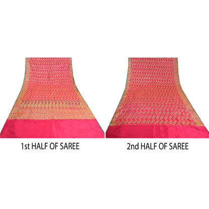 Sanskriti Vintage Hot Pink Sarees 100% Pure Silk Banarasi Brocade Hand Woven Premium Sari 5 YD Sustainable Fabric