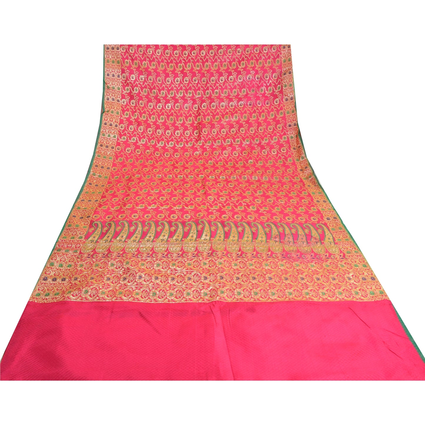 Sanskriti Vintage Hot Pink Sarees 100% Pure Silk Banarasi Brocade Hand Woven Premium Sari 5 YD Sustainable Fabric