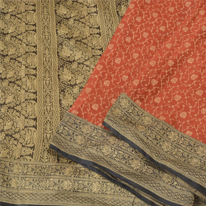 Sanskriti Vintage Black/Orange Sarees Pure Satin Silk Brocade Banarasi Woven Special Sari Sustainable Fabric