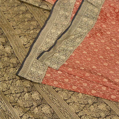 Sanskriti Vintage Black/Orange Sarees Pure Satin Silk Brocade Banarasi Woven Special Sari Sustainable Fabric