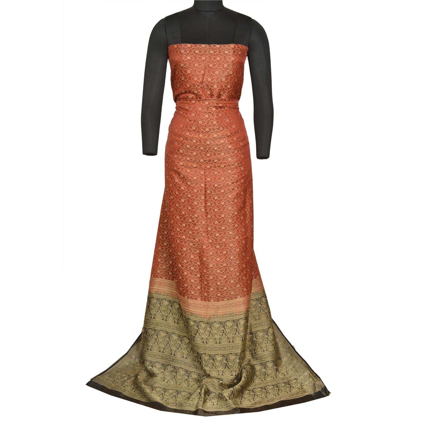 Sanskriti Vintage Black/Orange Sarees Pure Satin Silk Brocade Banarasi Woven Special Sari Sustainable Fabric