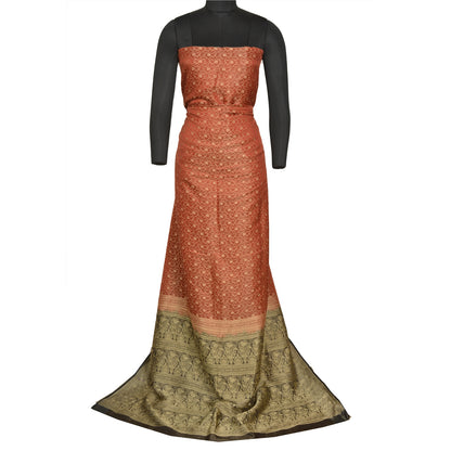 Sanskriti Vintage Black/Orange Sarees Pure Satin Silk Brocade Banarasi Woven Special Sari Sustainable Fabric