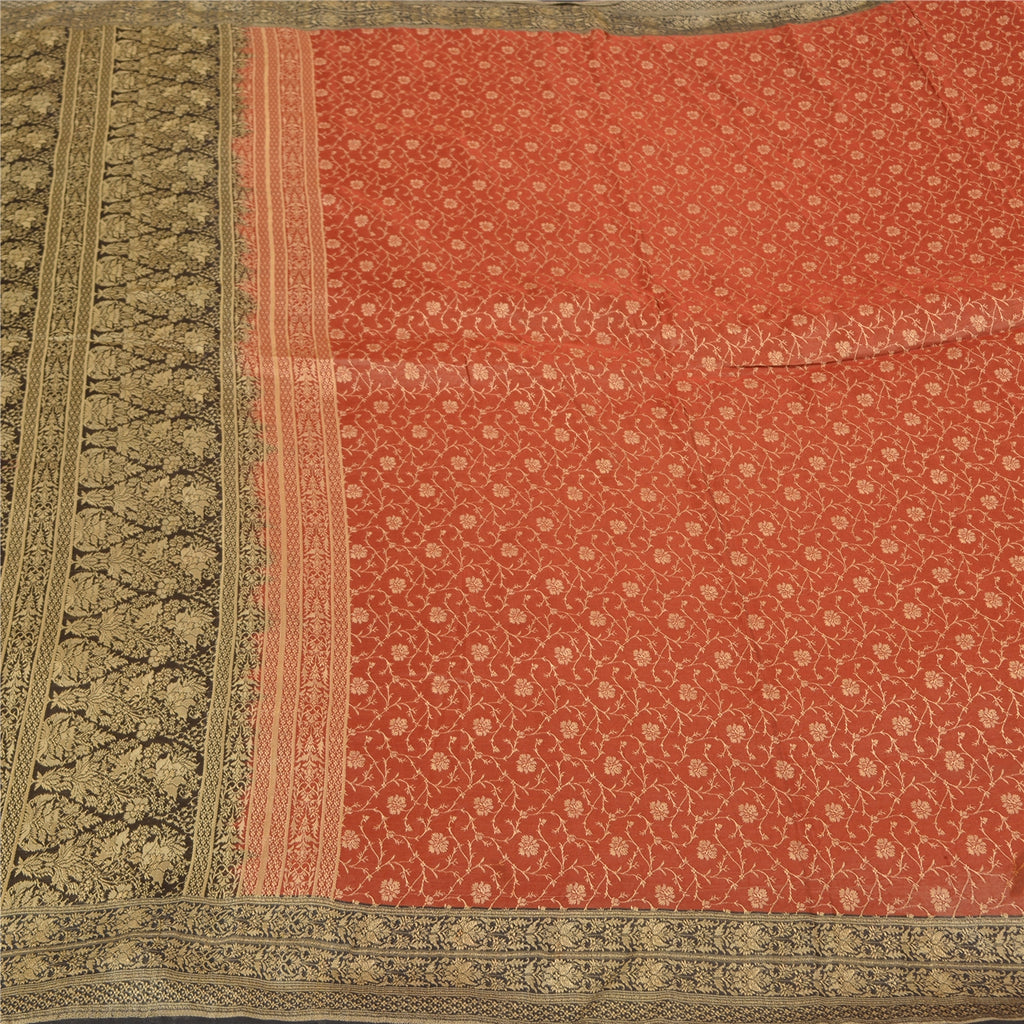 Sanskriti Vintage Black/Orange Sarees Pure Satin Silk Brocade Banarasi Woven Special Sari Sustainable Fabric