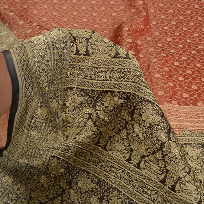Sanskriti Vintage Black/Orange Sarees Pure Satin Silk Brocade Banarasi Woven Special Sari Sustainable Fabric