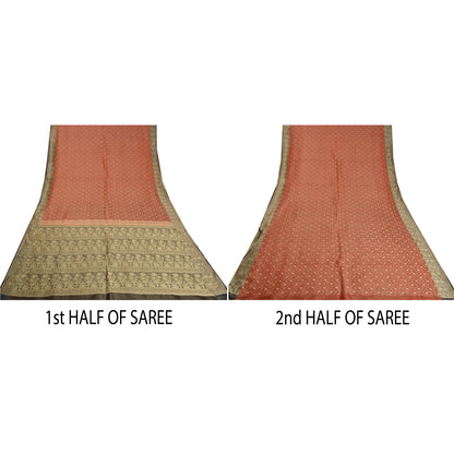 Sanskriti Vintage Black/Orange Sarees Pure Satin Silk Brocade Banarasi Woven Special Sari Sustainable Fabric